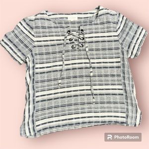 Mello Day Striped Lace Up Blue Short Sleeve Top